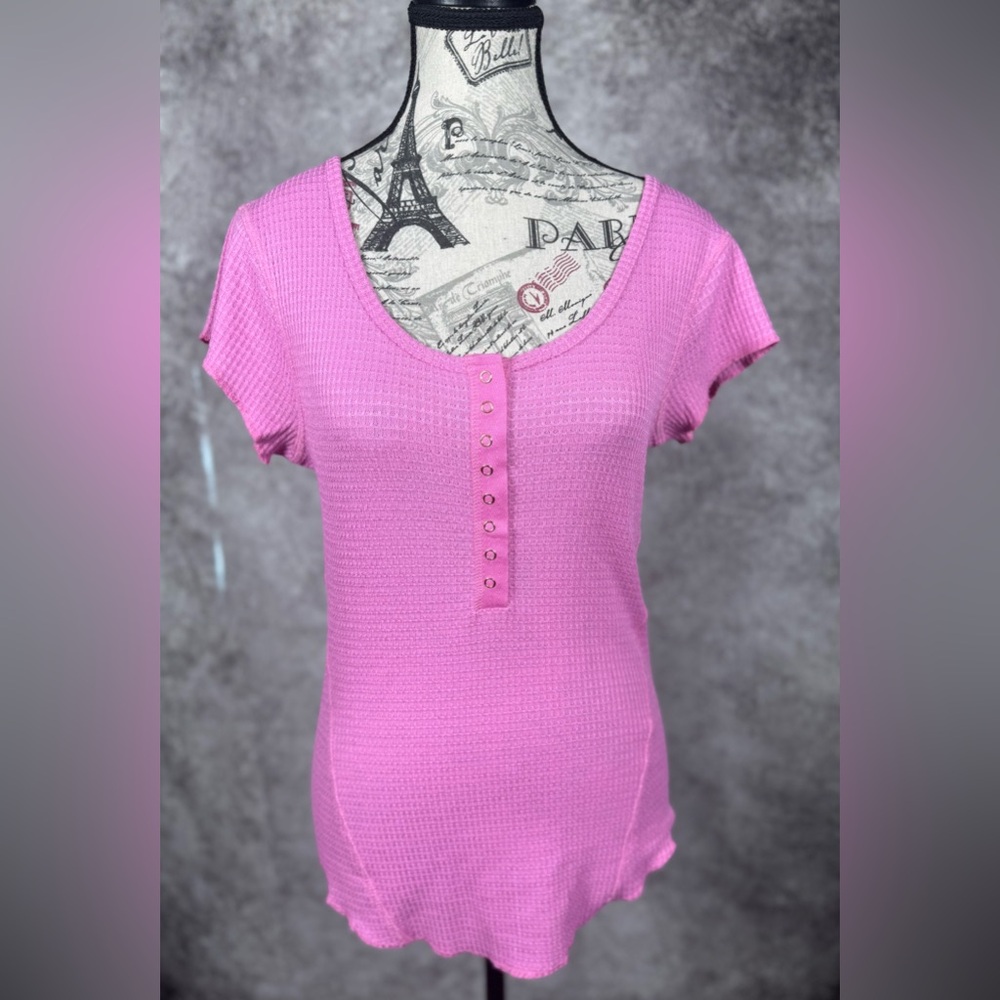 Zeana Outfitters Pink Waffle Knit Henley Top Size M Short Sleeve Ribbed Thermal - Picture 8 of 9